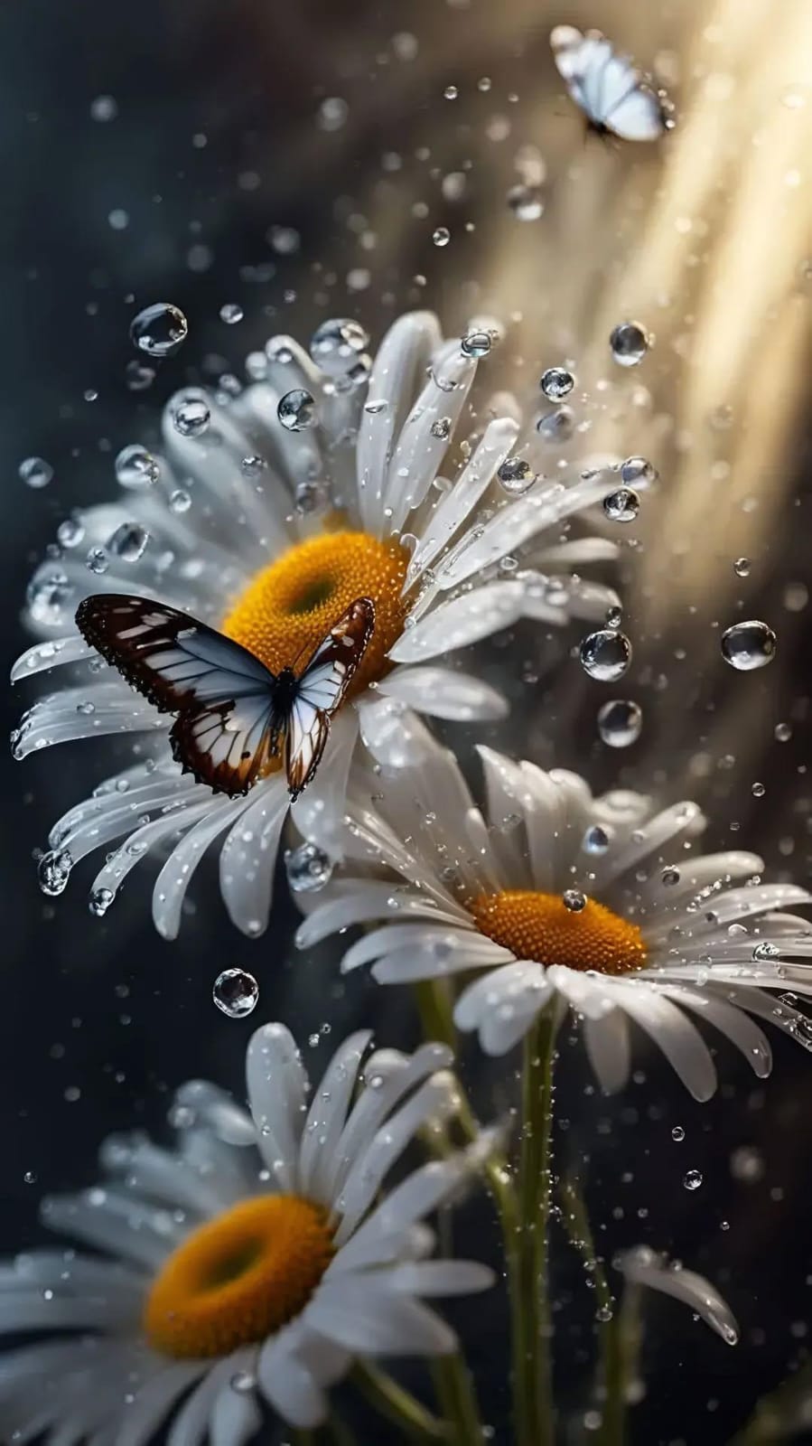 A butterfly is sitting on the sunflower plant, and water droplets are falling from above