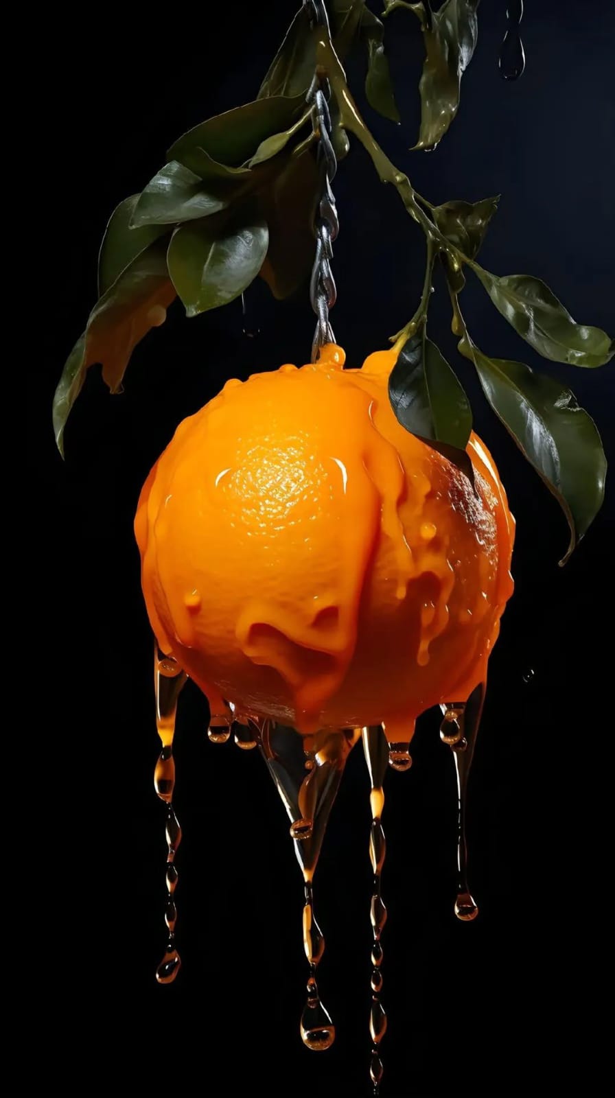 There is an orange in the tree, and dew drops are falling on it